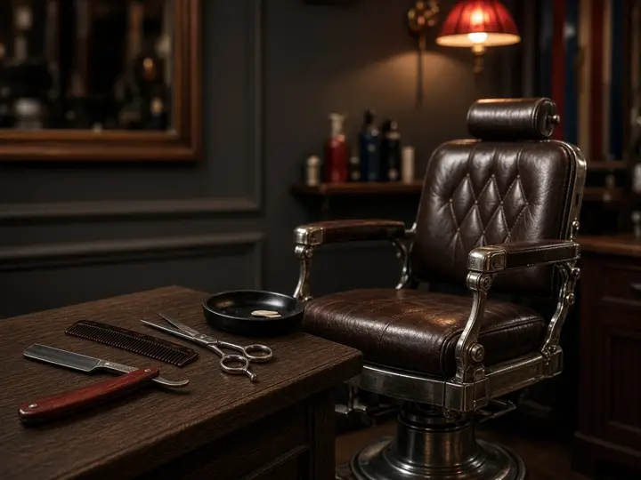 Sillón de barbero y navaja sobre mesón de roble