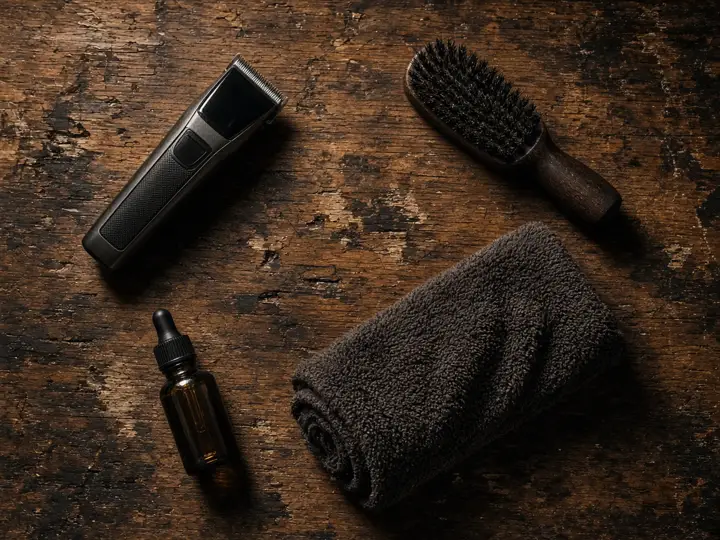 Máquina, cepillo, toalla y aceite de barba